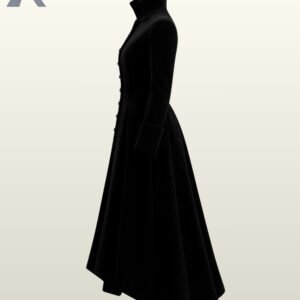 Victorian steampunk long coat for women featuring a button-down front and folded upturned cuffs.
