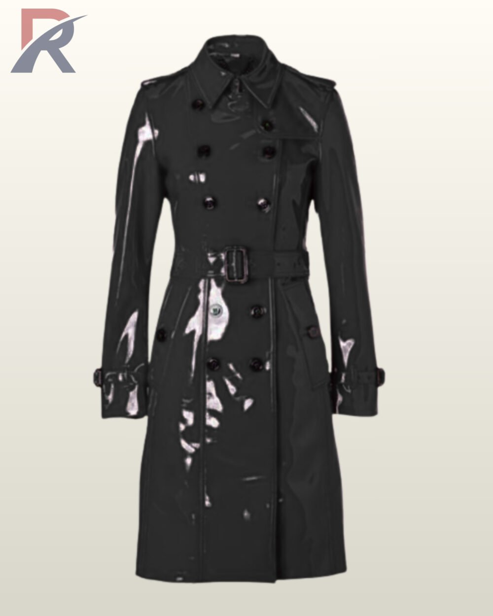 Stylish patent vinyl trench coats in navy featuring a classic belted waist and dark buttons.