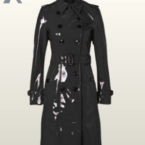 Stylish patent vinyl trench coats in navy featuring a classic belted waist and dark buttons.