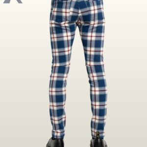 Stylish blue and white checkered slim trousers worn with alternative rock shoes.