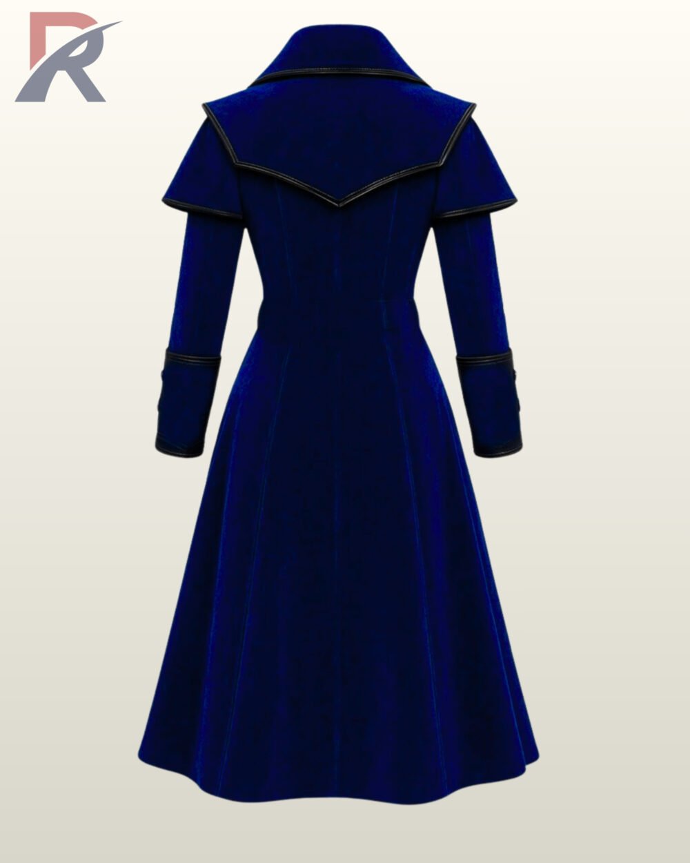 women vibrant blue Victorian theater costume coat featuring double-breasted buttons.