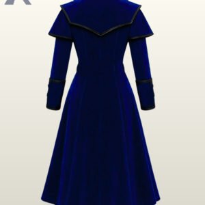 women vibrant blue Victorian theater costume coat featuring double-breasted buttons.