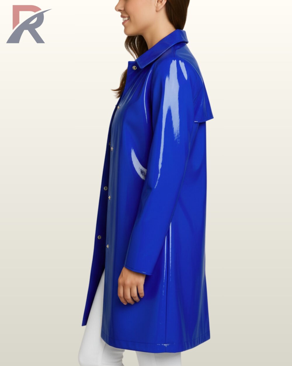 Patent leather look glossy blue coat ideal for modern cyberpunk or streetwear fashion.