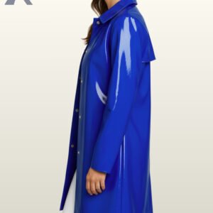 Patent leather look glossy blue coat ideal for modern cyberpunk or streetwear fashion.
