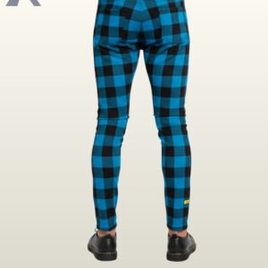 Vibrant turquoise and black buffalo plaid men's trousers with a close skinny fit.