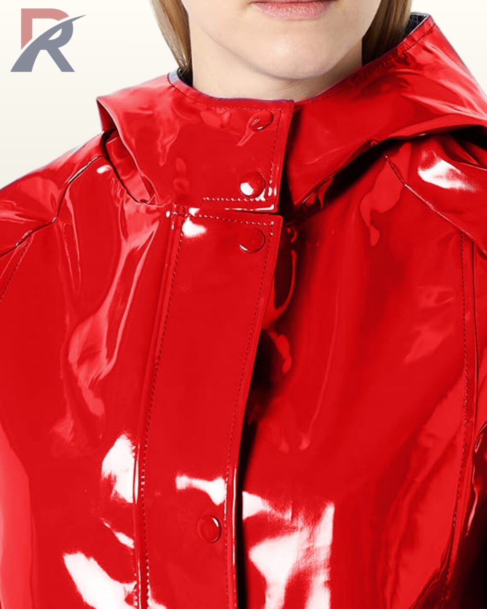 Front view of a women's eye-catching shiny waterproof rain jacket in cherry red.