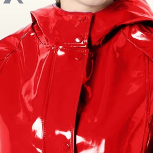 Front view of a women's eye-catching shiny waterproof rain jacket in cherry red.