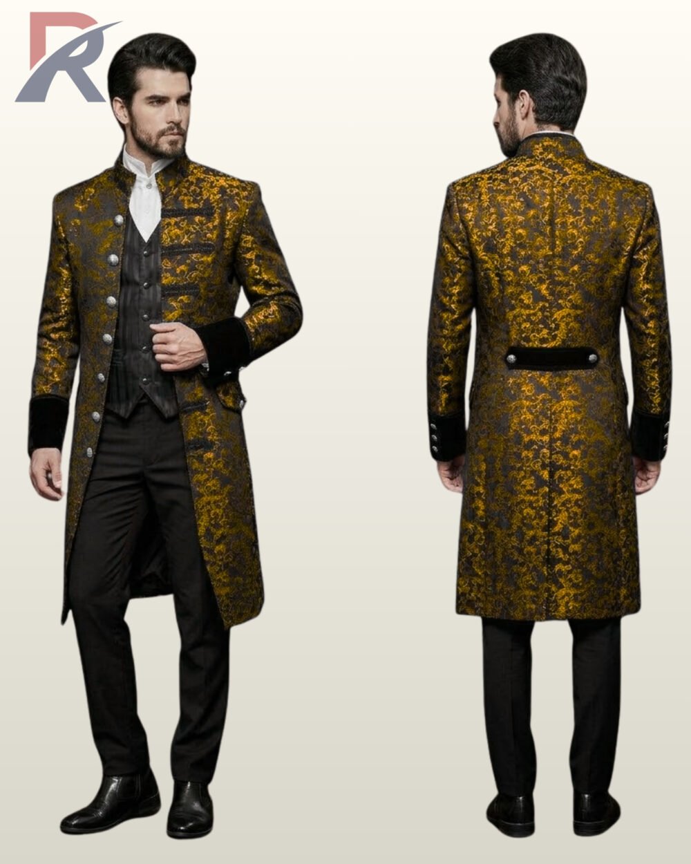 Side-by-side front and back view of a male model wearing an antique gold damask jacquard gothic frock coat with velvet cuffs and mandarin collar.