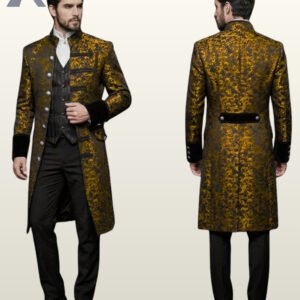 Side-by-side front and back view of a male model wearing an antique gold damask jacquard gothic frock coat with velvet cuffs and mandarin collar.