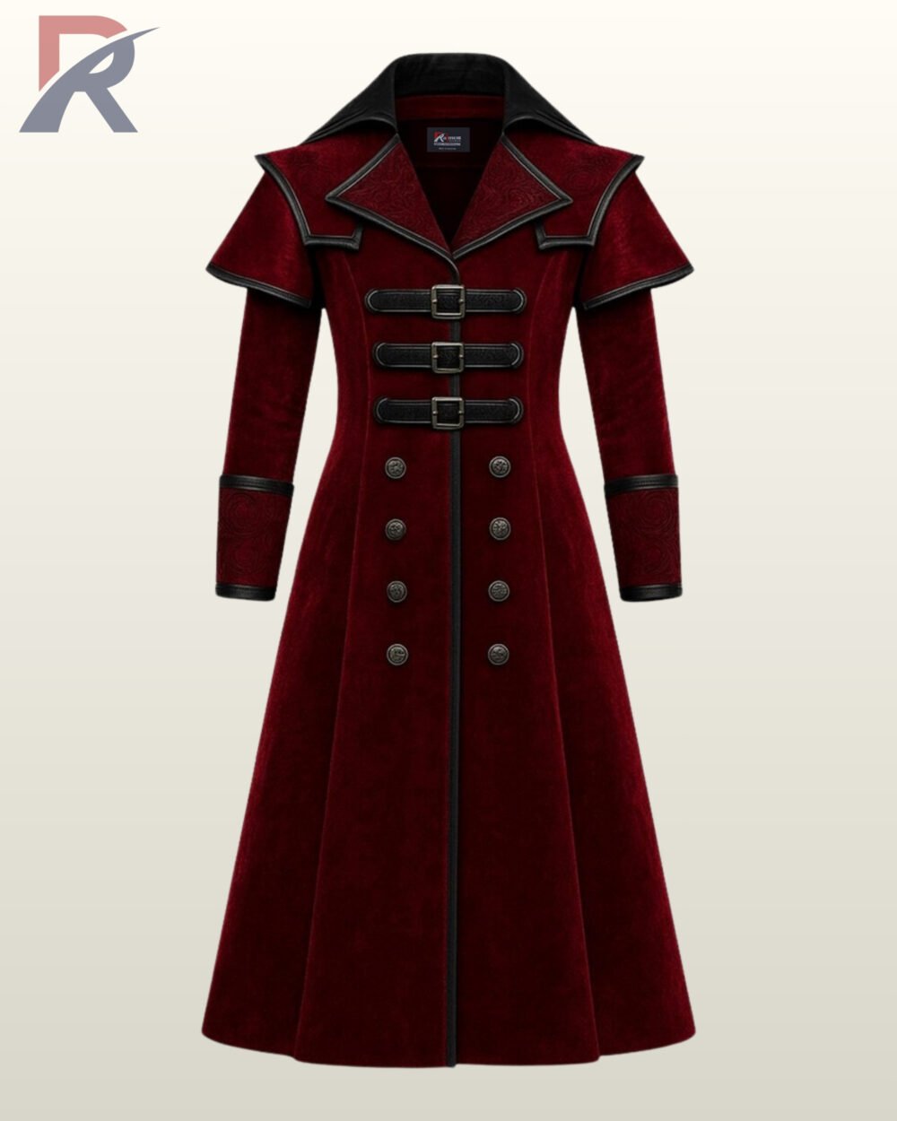 Deep burgundy vampire Dracula trench coat with black leather buckle details.
