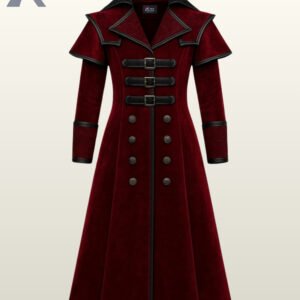 Deep burgundy vampire Dracula trench coat with black leather buckle details.