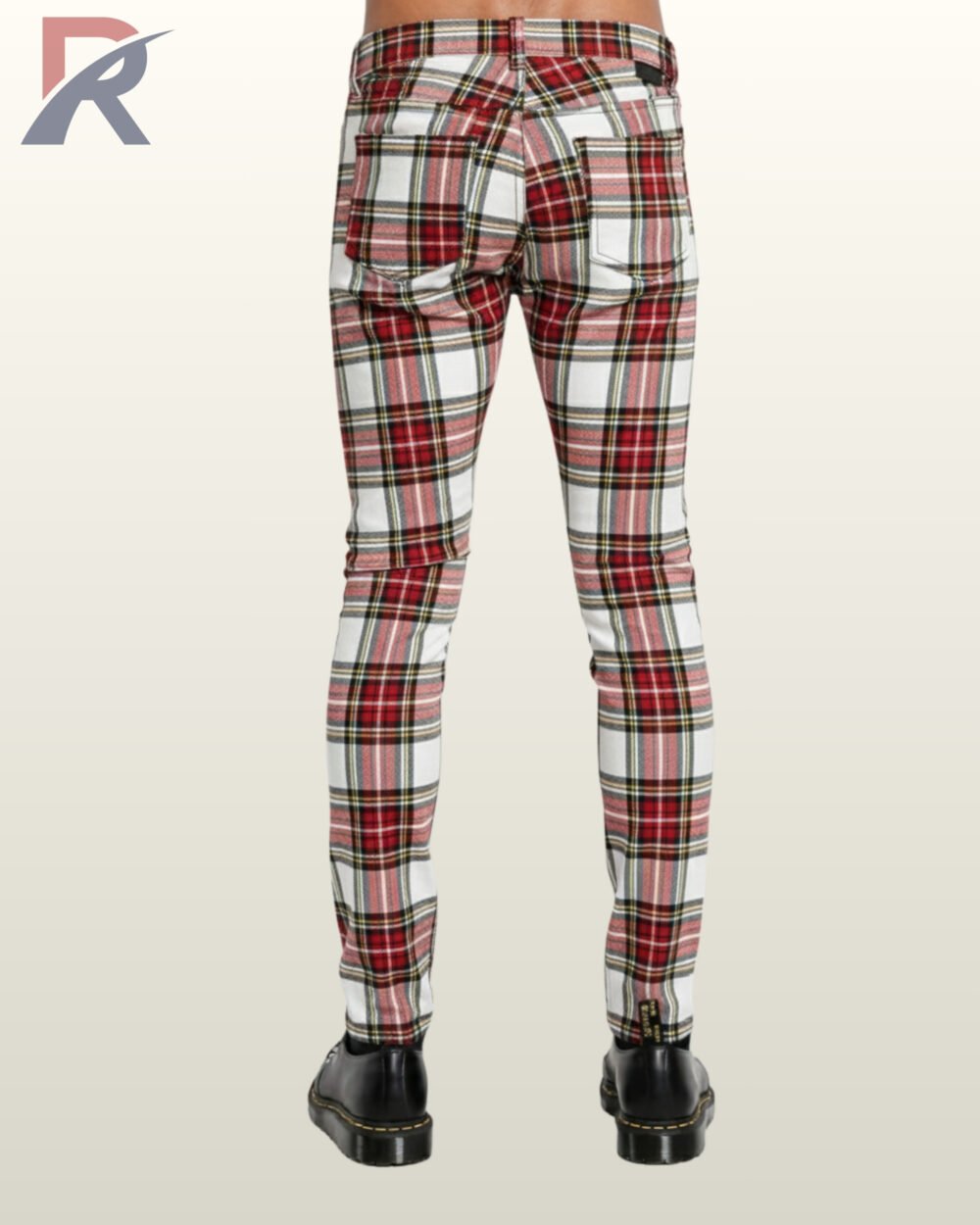 White tartan skinny jeans for men featuring a detailed red and black overcheck.