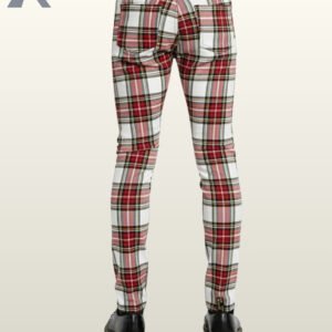 White tartan skinny jeans for men featuring a detailed red and black overcheck.