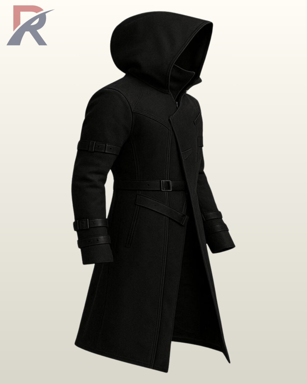 Side profile view of a men's black gothic hooded trench coat showcasing a pointed handkerchief hem, folded sleeve cuffs, and shoulder cape mantle.
