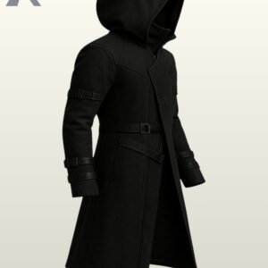 Side profile view of a men's black gothic hooded trench coat showcasing a pointed handkerchief hem, folded sleeve cuffs, and shoulder cape mantle.