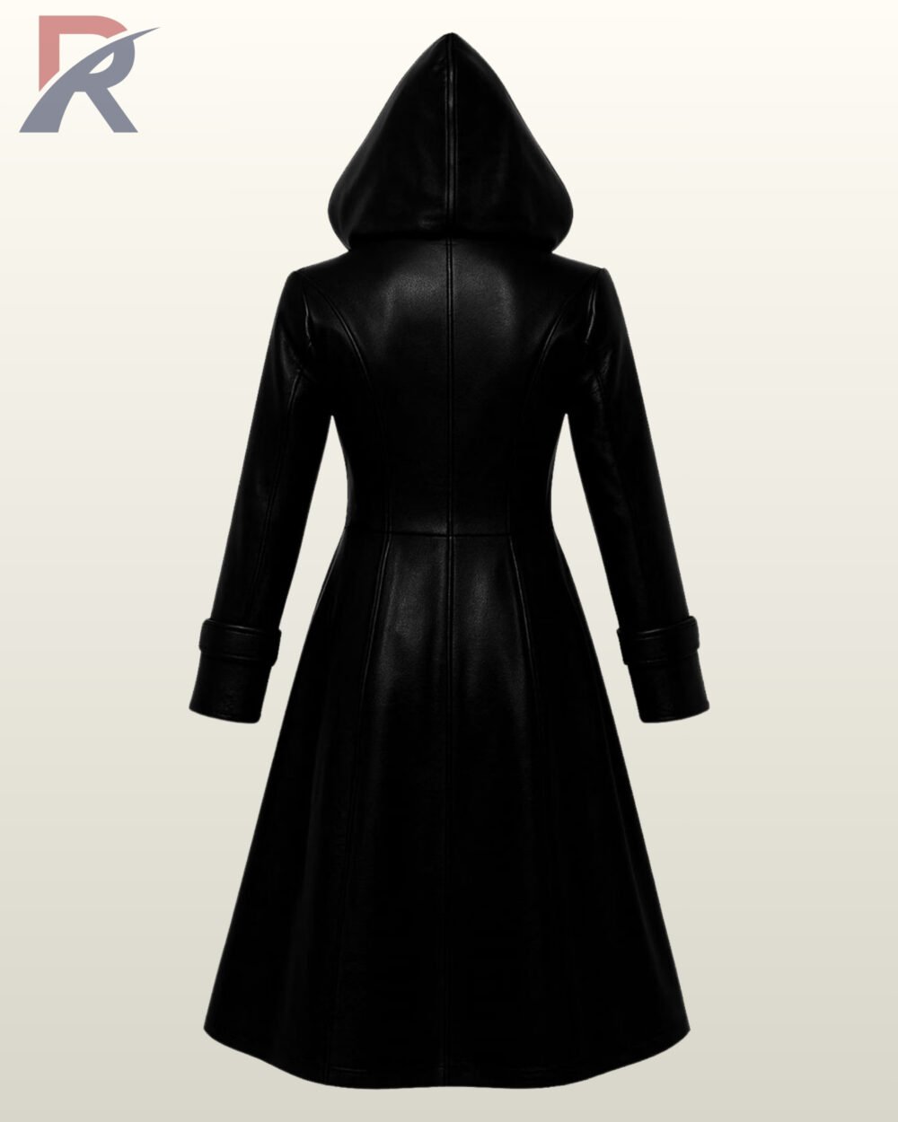 Women's darkwear hooded overcoat made from soft matte black synthetic leather material.