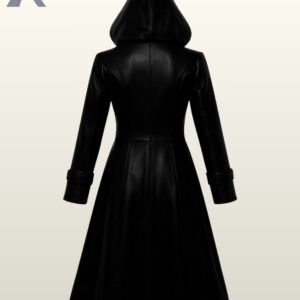 Women's darkwear hooded overcoat made from soft matte black synthetic leather material.