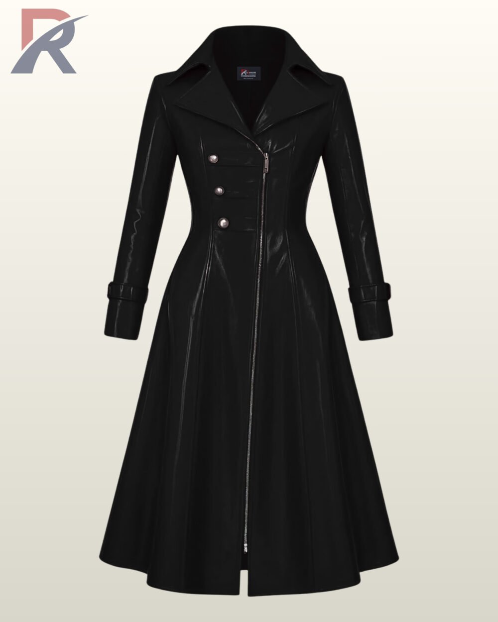 Women's black vinyl matrix trench coat with an offset asymmetric front zipper and side-set buttons.