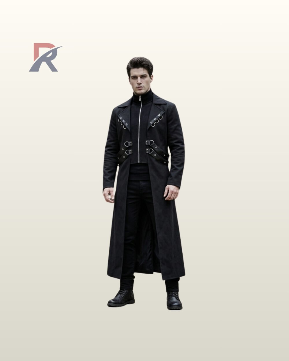 Men's cyberpunk gothic floor-length overcoat styled over black trousers and high-neck zipper sweater, featuring metallic lapel rings and waist straps.