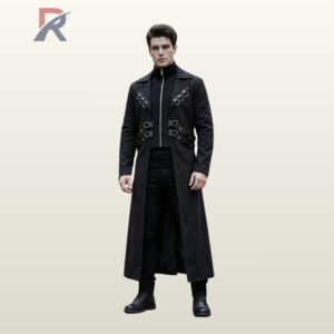 Men's cyberpunk gothic floor-length overcoat styled over black trousers and high-neck zipper sweater, featuring metallic lapel rings and waist straps.