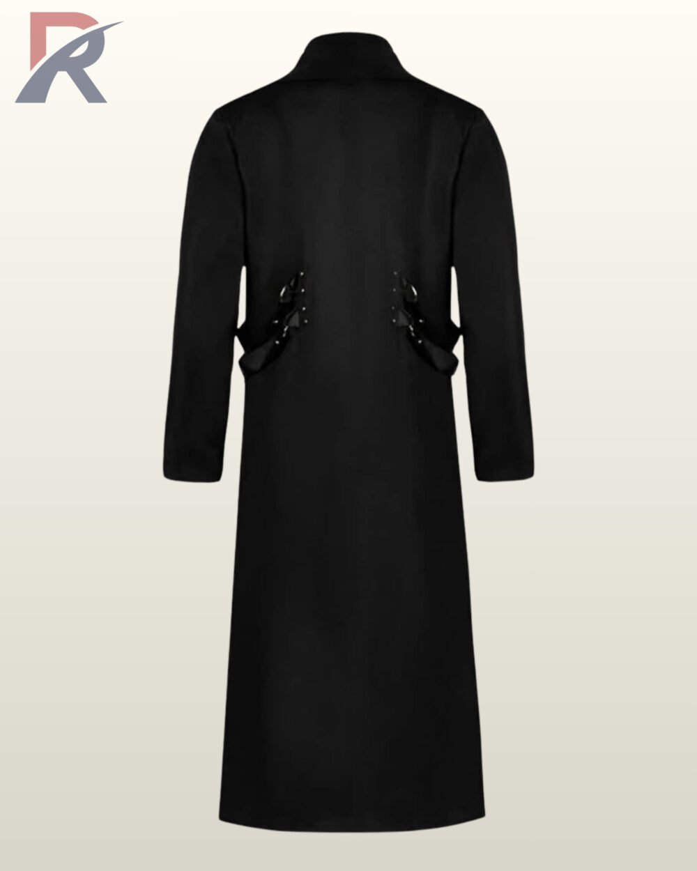 Direct rear product view of a men's black gothic industrial long coat highlighting side waist harness straps with silver metal D-rings and clean back seams.