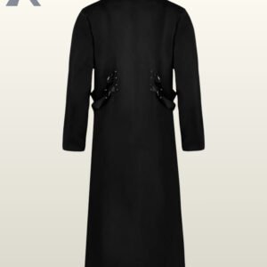 Direct rear product view of a men's black gothic industrial long coat highlighting side waist harness straps with silver metal D-rings and clean back seams.