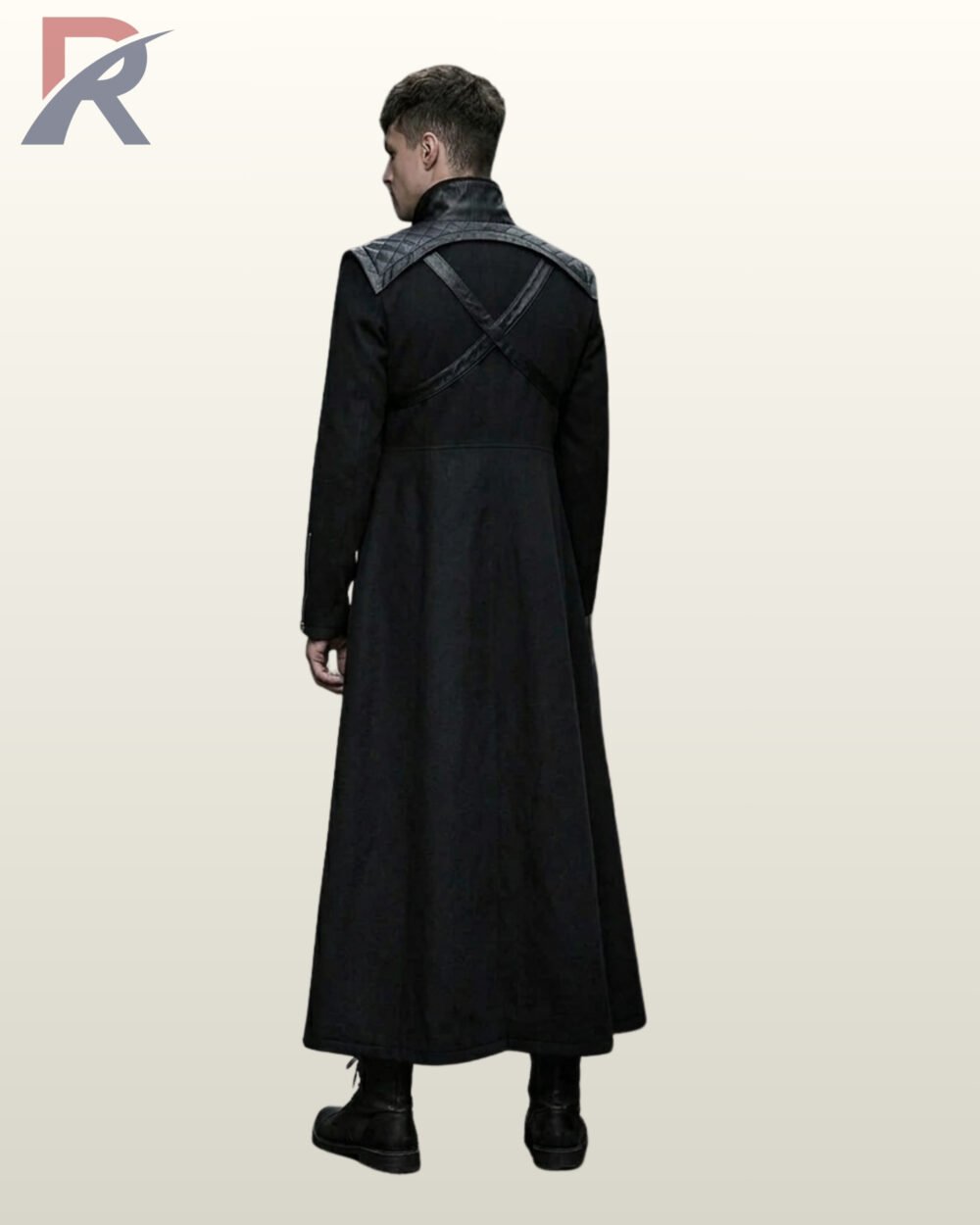 Back perspective of an ankle-length black cyberpunk overcoat displaying diamond-quilted shoulder capes, leather back straps, and high standing collar.