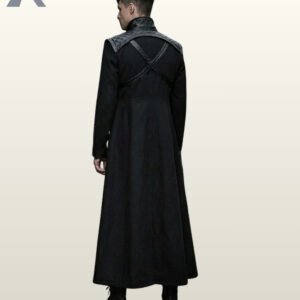 Back perspective of an ankle-length black cyberpunk overcoat displaying diamond-quilted shoulder capes, leather back straps, and high standing collar.