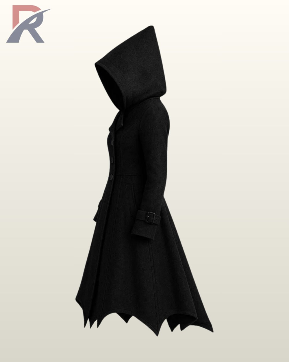 women dark academia style long black winter overcoat with a flared skirt bottom.