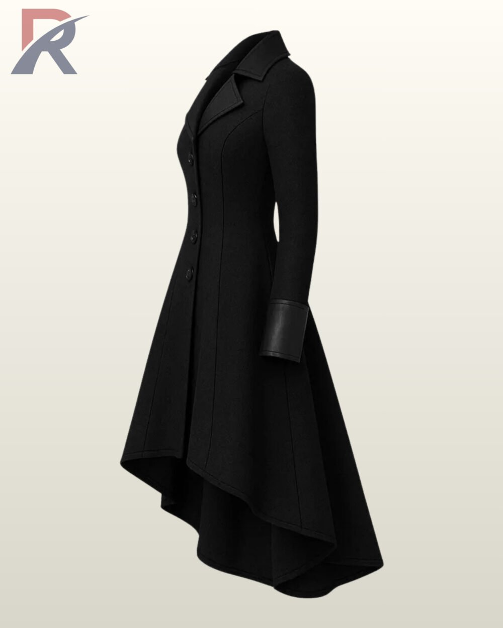 Dark academia aesthetic winter overcoat with a cinched waist silhouette and dramatic waterfall back.