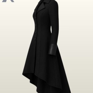 Dark academia aesthetic winter overcoat with a cinched waist silhouette and dramatic waterfall back.