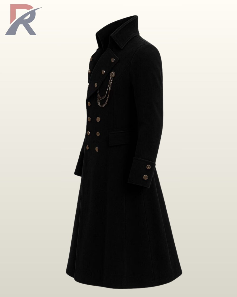 Gothic vampire aristocrat trench coat highlighting a tailored waist, deep side pockets, and decorative metal chest chains.