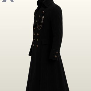 Gothic vampire aristocrat trench coat highlighting a tailored waist, deep side pockets, and decorative metal chest chains.