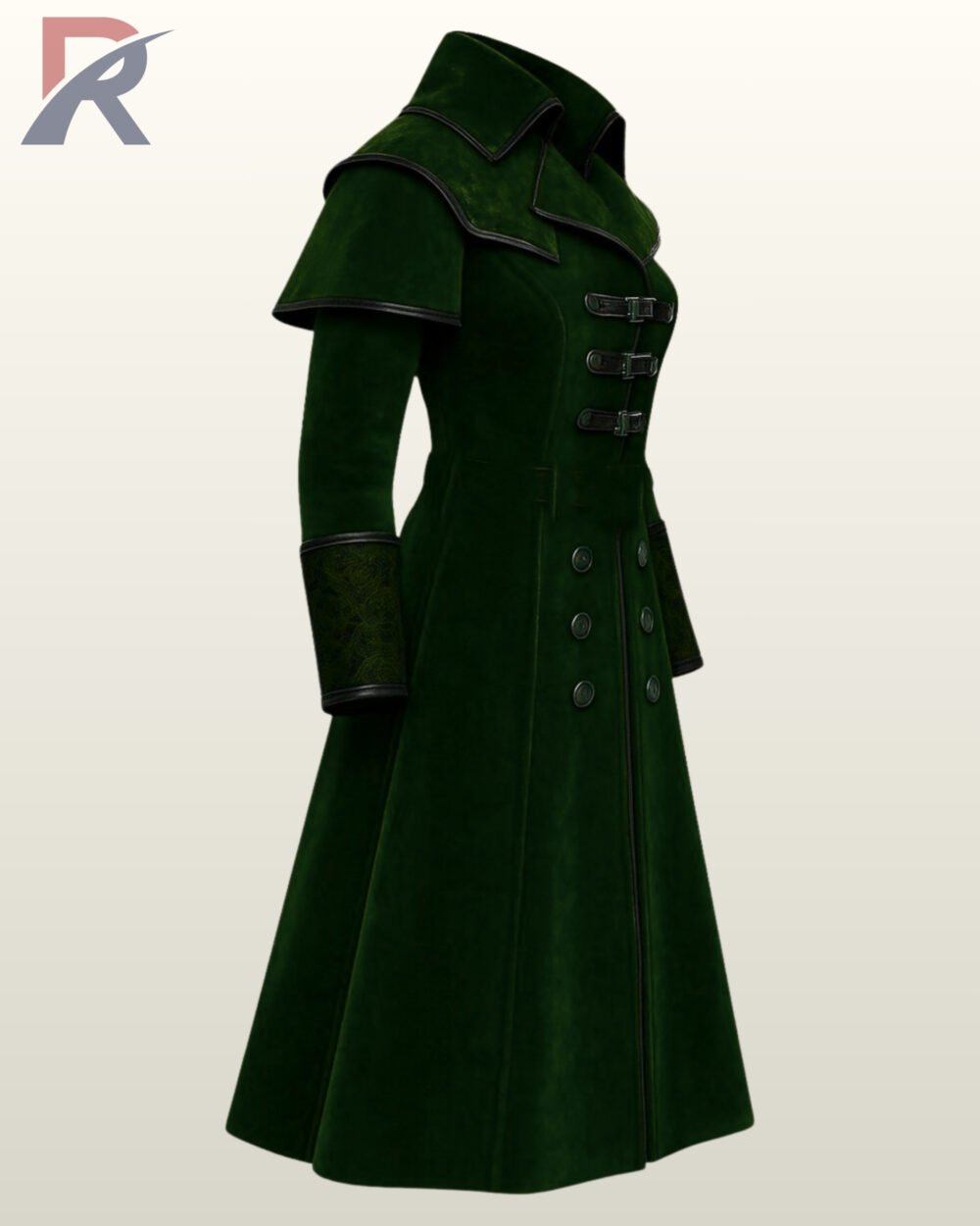Dark emerald green gothic long coat with black trim accents and front buckles.