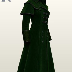 Dark emerald green gothic long coat with black trim accents and front buckles.