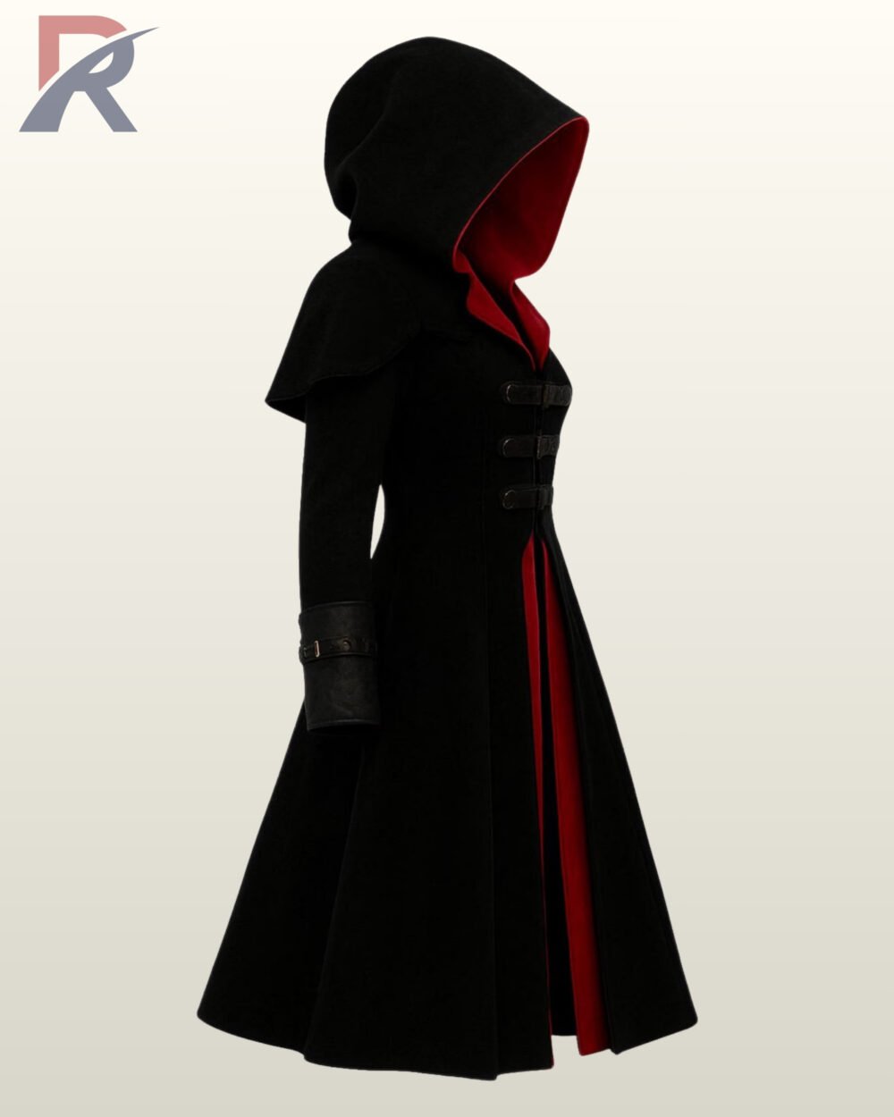 Premium goth hooded overcoat with wide folded cuffs, horizontal decorative bands, and a split front.