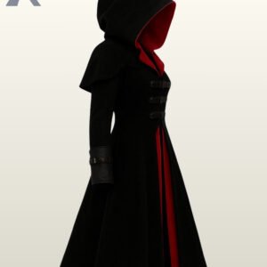 Premium goth hooded overcoat with wide folded cuffs, horizontal decorative bands, and a split front.