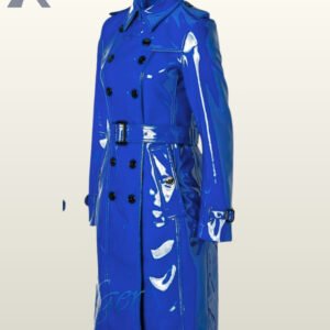 Reflective surface texture of premium patent leather outerwear in navy blue.