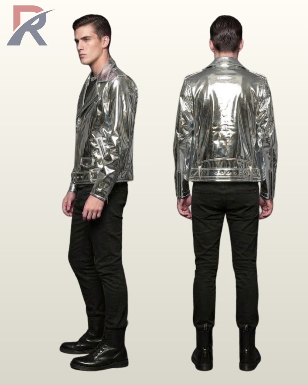 Full product catalog view displaying side and rear perspectives of a shiny silver metallic motorcycle jacket paired with black jeans and combat boots.