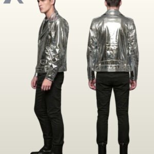 Full product catalog view displaying side and rear perspectives of a shiny silver metallic motorcycle jacket paired with black jeans and combat boots.
