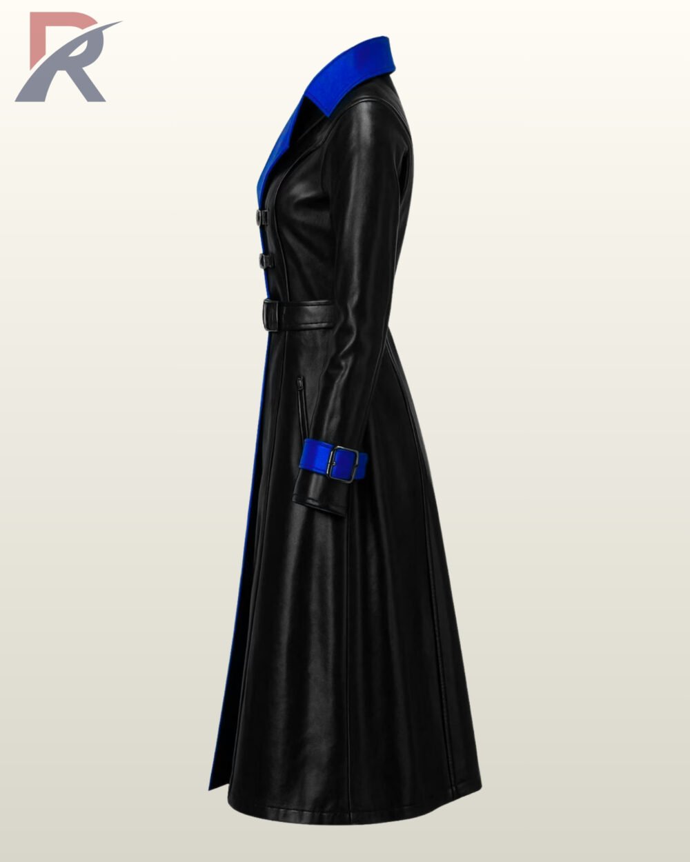 Premium gaming cosplay blue and black leather jacket with multiple front buckle closures.