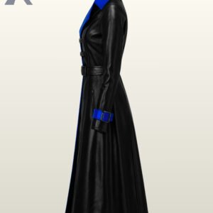 Premium gaming cosplay blue and black leather jacket with multiple front buckle closures.