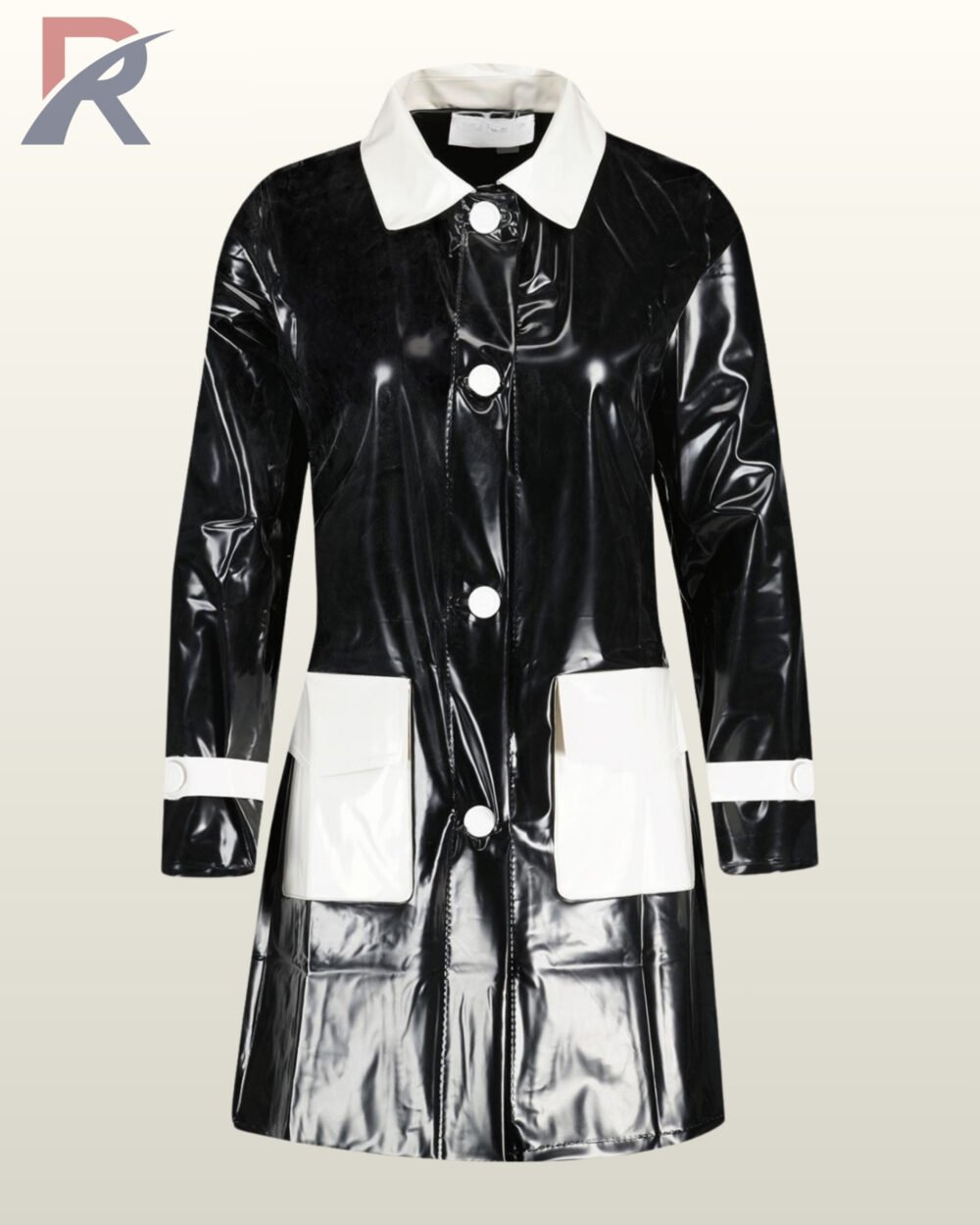 Front view of a shiny black patent rain jacket with distinct white pocket flaps and sleeve cuffs.