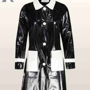 Front view of a shiny black patent rain jacket with distinct white pocket flaps and sleeve cuffs.