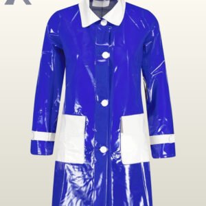 A women's high-gloss blue vinyl raincoat featuring a contrasting white collar, white pockets, and white buttons.