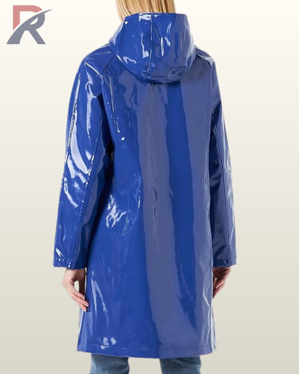 Stylish women's high-shine blue vinyl slicker jacket for rainy day fashion.