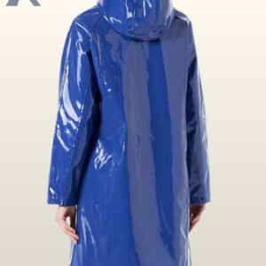 Stylish women's high-shine blue vinyl slicker jacket for rainy day fashion.