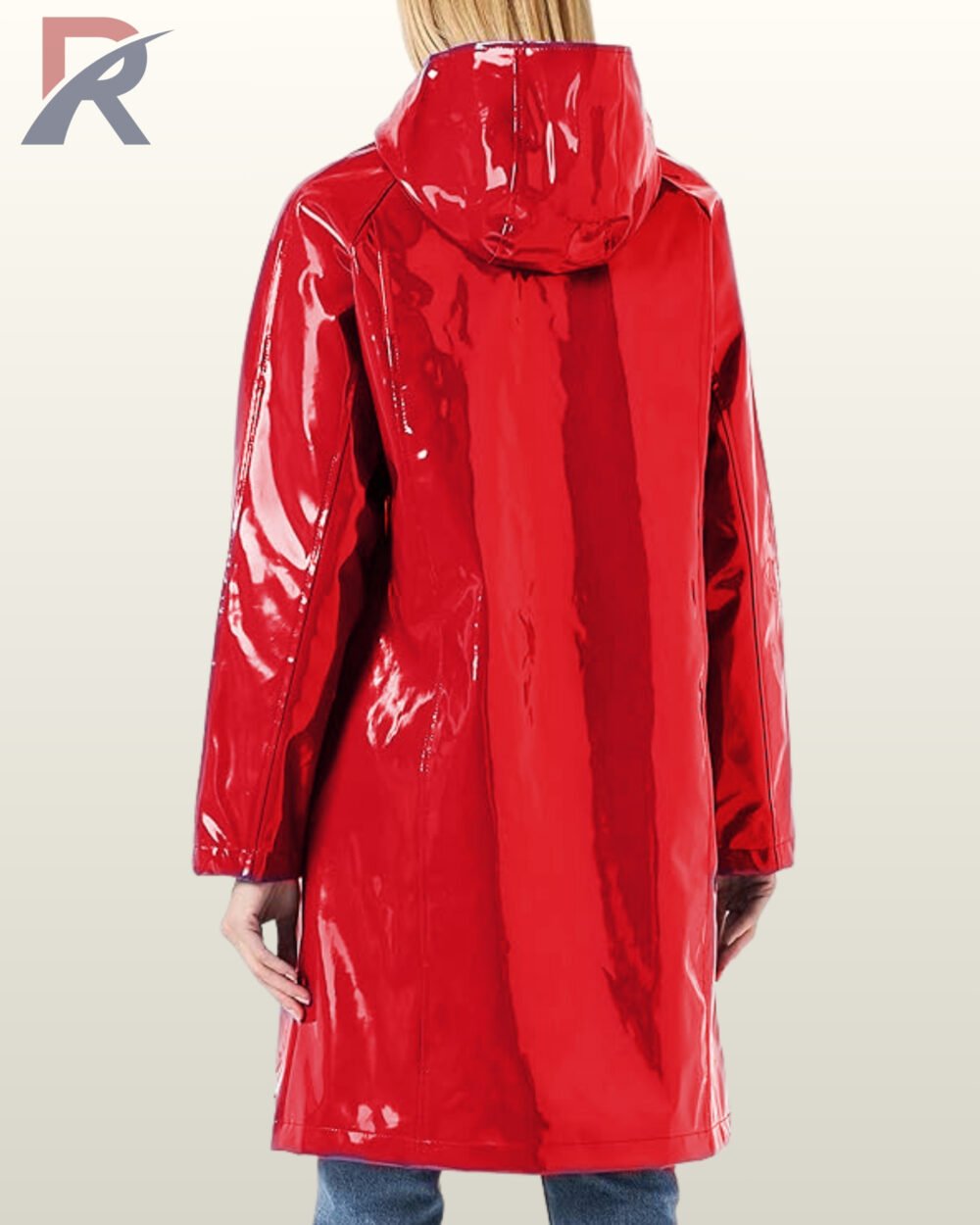 Waterproof red patent PVC raincoat showcasing a high-shine reflective surface.
