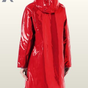 Waterproof red patent PVC raincoat showcasing a high-shine reflective surface.