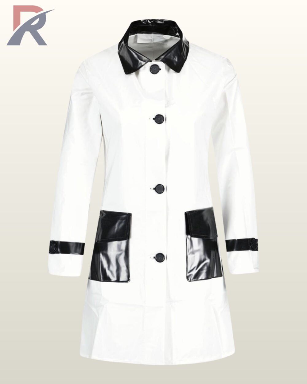 A women's high-gloss white vinyl raincoat featuring a contrasting black collar, black pockets, and black buttons.